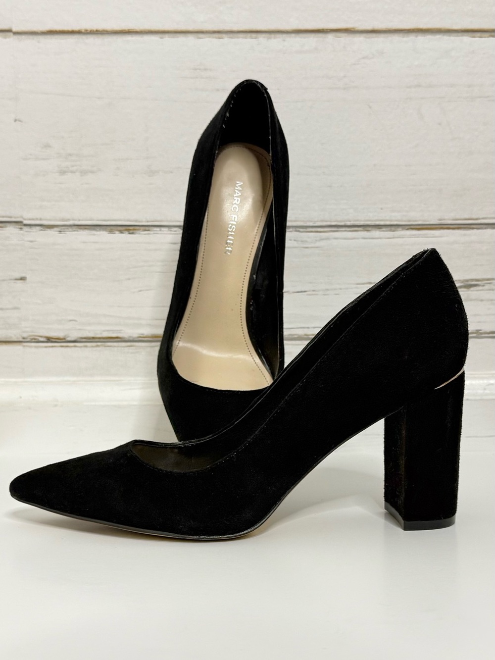 Marc Fisher Viviene Black Suede Pointed Toe Block Heel Pumps